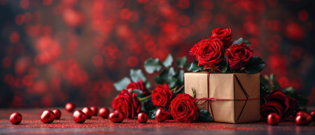 Valentine's day gift box with red roses on bokeh backgroundの素材