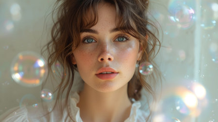 Portrait of a young beautiful girl in a white blouse.の素材