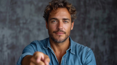 Portrait of a young man pointing his finger at the camera.の素材