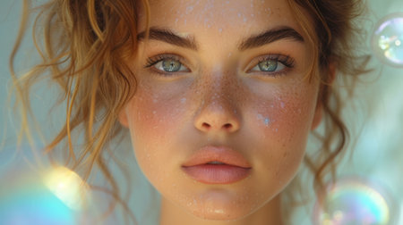Portrait of a beautiful young woman with soap bubbles on her faceの素材