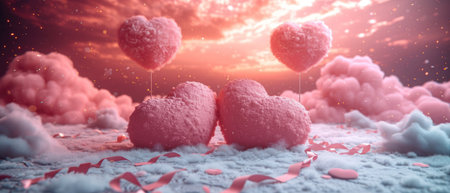 Valentines day background with hearts in snow 3D illustration.の素材