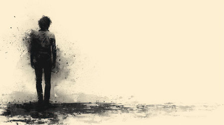 Black and white image of a boy standing in the water. Digital painting.の素材