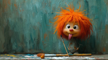 Paintbrush and clay doll with orange hair on a green backgroundの素材