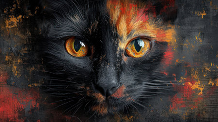 Portrait of a black cat with orange eyes on a grunge backgroundの素材