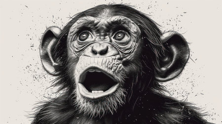 Monkey with big eyes and wide open mouth. Black and white illustration.の素材