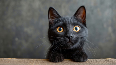 Cute black kitten with yellow eyes sitting on wooden table and looking at cameraの素材