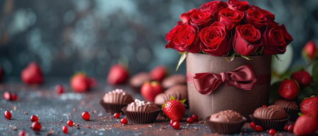 Bouquet of red roses, chocolate candies and strawberries on a dark backgroundの素材