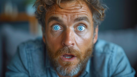 Close up portrait of shocked man with blue eyes looking at camera. Shocked man with wide open mouth.の素材
