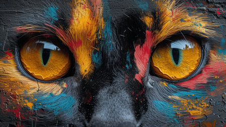 Cat face painted with colorful paint on a black wall close up.の素材