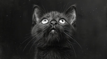 Portrait of a black cat with big eyes on a black backgroundの素材