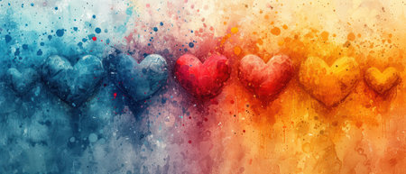 Colorful painted hearts on abstract watercolor background. Valentine's day conceptの素材