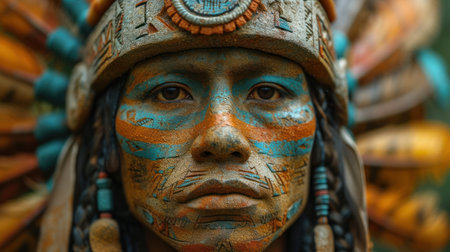 Close-up of the face of an indian warrior in a headdressの素材