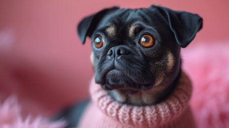 Pug dog wearing a pink sweater on a pink background. Close-up.の素材