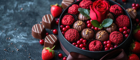 Delicious chocolate candies with berries and red roses on dark backgroundの素材