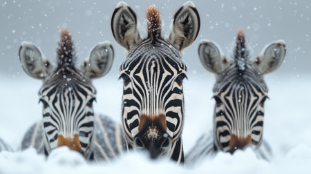 Group of zebras in the snow, close-up.の素材