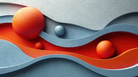 3d render, abstract background with blue and orange waves and ballsの素材