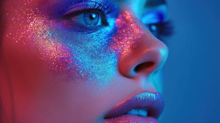 Close-up portrait of a beautiful woman with bright make-upの素材