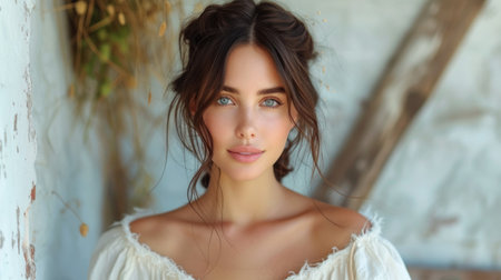 Portrait of a beautiful young woman in a white blouse.の素材