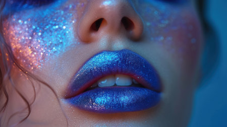 Close-up portrait of a beautiful young woman with bright blue makeup.の素材