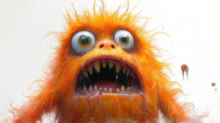 Funny monster with big eyes and orange hair on a white backgroundの素材