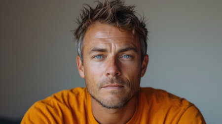 Close up portrait of a handsome young man in an orange t-shirtの素材