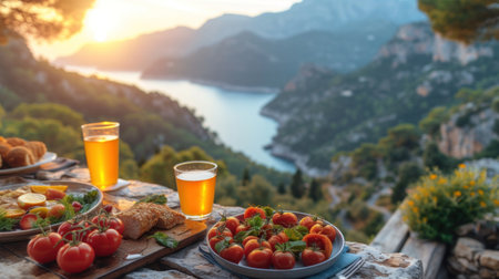 Plate of healthy food with glass of beer on wooden table on background of beautiful mountains.の素材