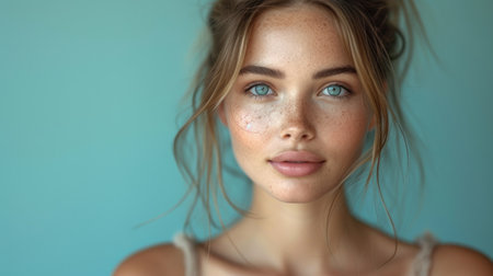 Portrait of beautiful young woman with freckles on her faceの素材