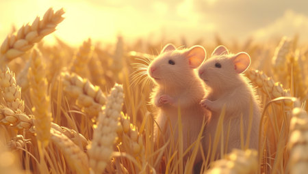 Two cute hamsters in wheat field at sunset. Close-upの素材