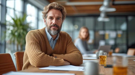 Serious mature businessman looking at camera while sitting at table in officeの素材