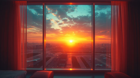 Sunset in the window overlooking the city. 3d rendering.の素材