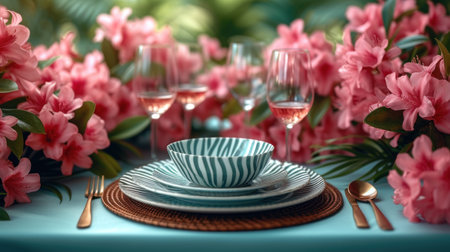 Romantic table setting with pink flowers, plates, glasses and cutleryの素材