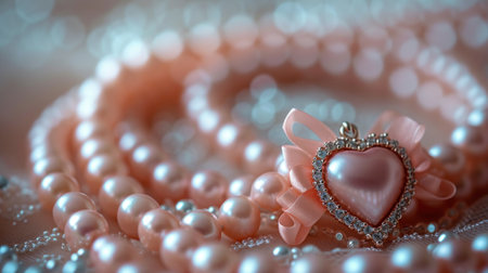Pink necklace with heart on a background of pearls close-upの素材