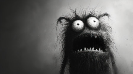 Funny monster with big eyes and mouth. Halloween. Black and whiteの素材