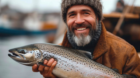 Smiling fisherman holding a big salmon in his hand on a fishing boatの素材