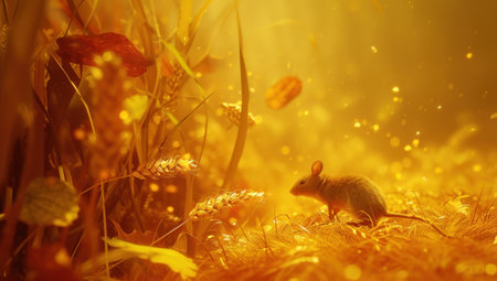 Small mouse in wheat field with autumn leaves. 3D illustration.の素材