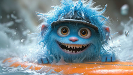 Funny plasticine monster with blue hair swimming in the pool.の素材