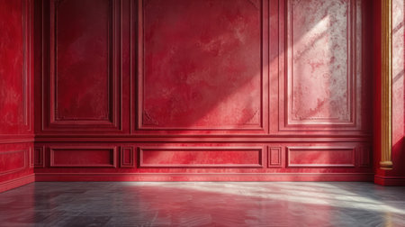 Interior of an empty room with red walls and floor. 3d renderingの素材