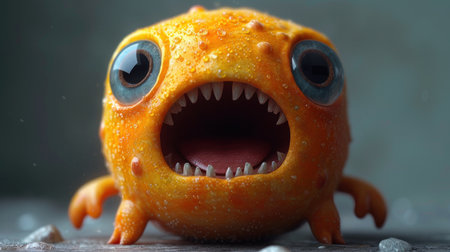 Funny orange monster with big eyes and mouth on a dark backgroundの素材