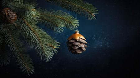Christmas decoration hanging on fir tree branch with pine cone on dark backgroundの素材