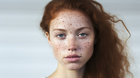 Portrait of freckled redhead girl with freckles on her face.の素材