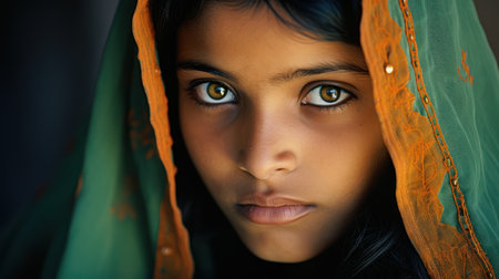 close-up portrait of a young indian girl with green scarfの素材