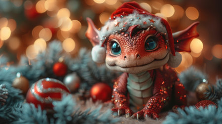 Funny toy dragon with christmas tree on bokeh backgroundの素材