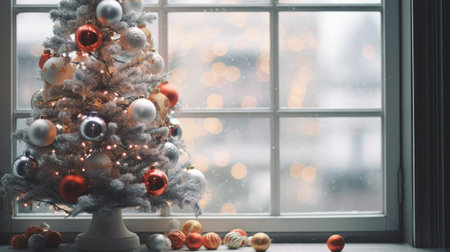 Christmas tree with toys on a background of a window with a garlandの素材