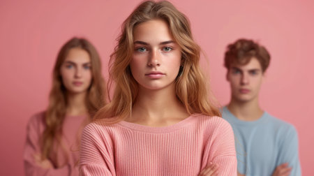 Group of young people looking at camera while standing against pink background.の素材