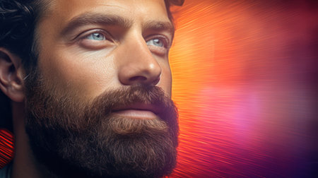 Portrait of a handsome man with beard and mustache over colorful background.の素材
