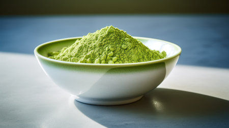 Matcha green tea powder in a ceramic bowl on a white tableの素材