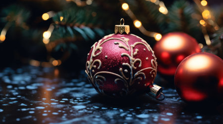 Christmas and New Year background with red balls and Christmas tree branches.の素材