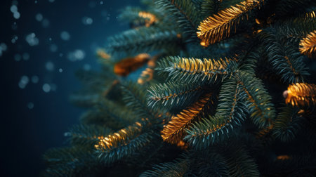 Christmas tree with golden bokeh lights on dark blue background.の素材