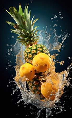 Fresh fruits with water splash on dark background. Healthy food concept.の素材