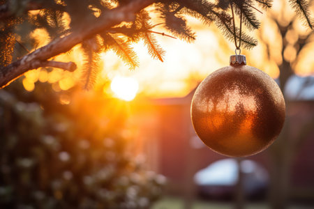 Christmas tree with golden ball on sunset background. Christmas and New Year conceptの素材